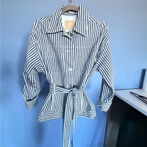 AG Adriano Goldschmied Navy and White Striped Button-Up Shirt Jacket